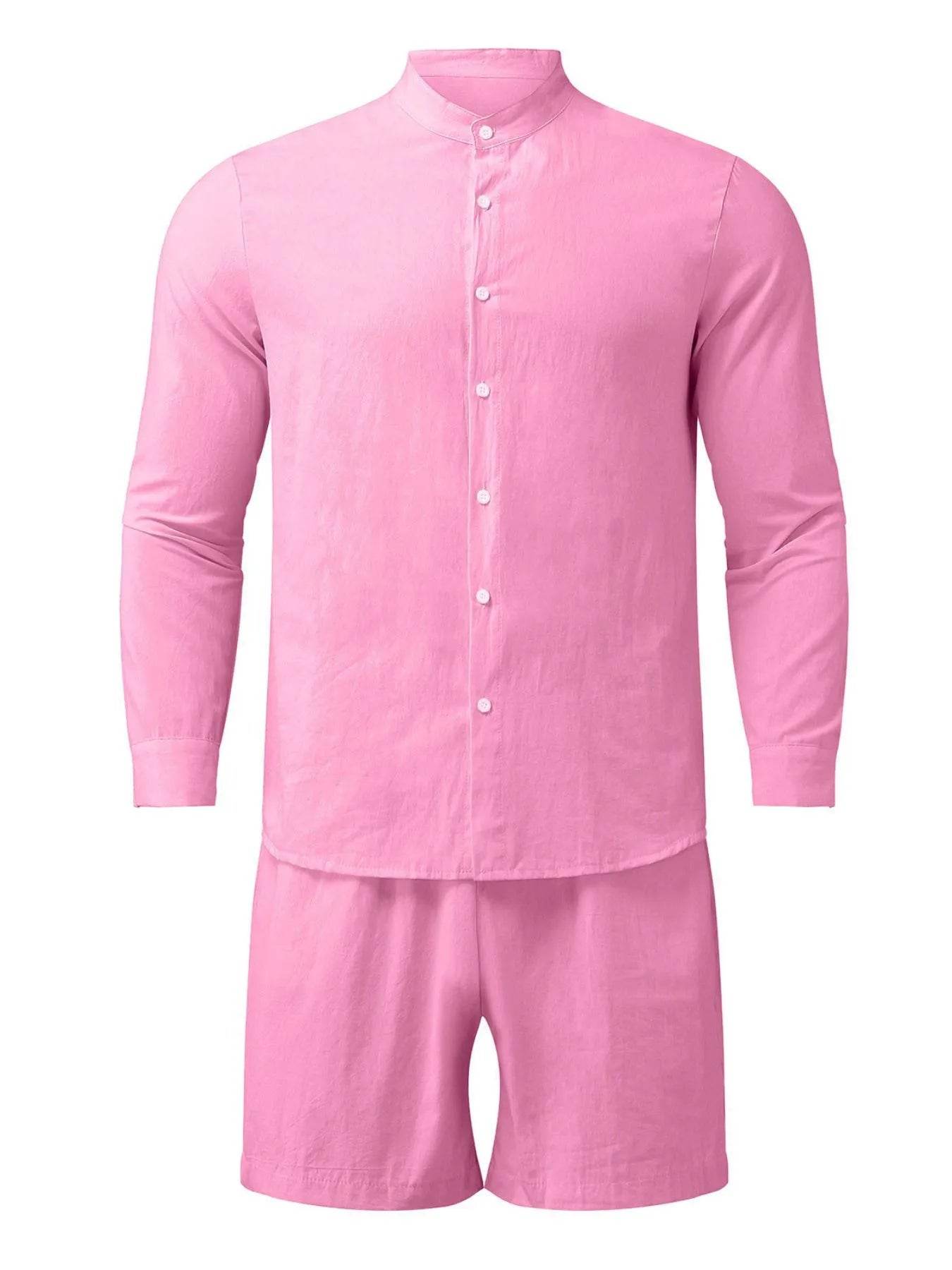 Men's Full Size Button Up Long Sleeve Shirt and Shorts Set Plus Size - Tredona LLC