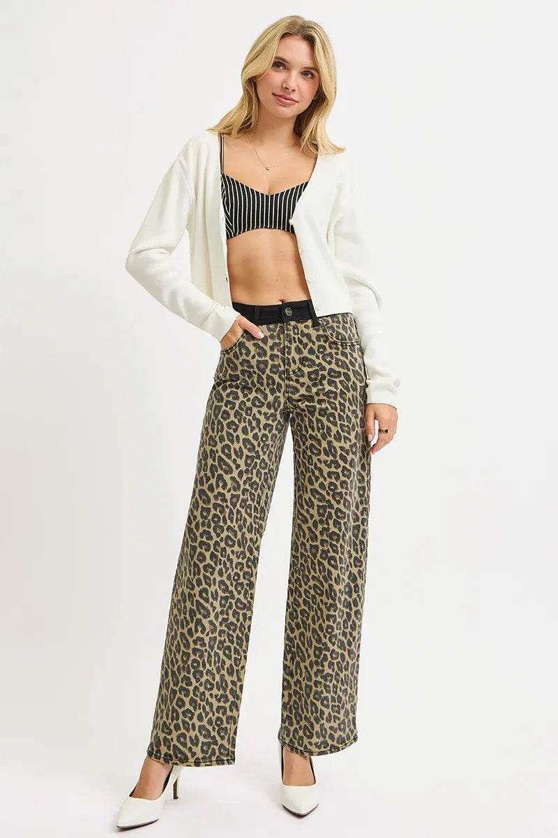 RISEN High Rise Wide Leg Leopard Printed Jeans with Contrast Waist Band Detail - Tredona LLC