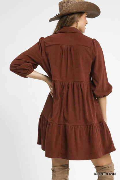 Umgee Tiered Corduroy Mini Dress with Balloon Sleeves - Tredona LLC