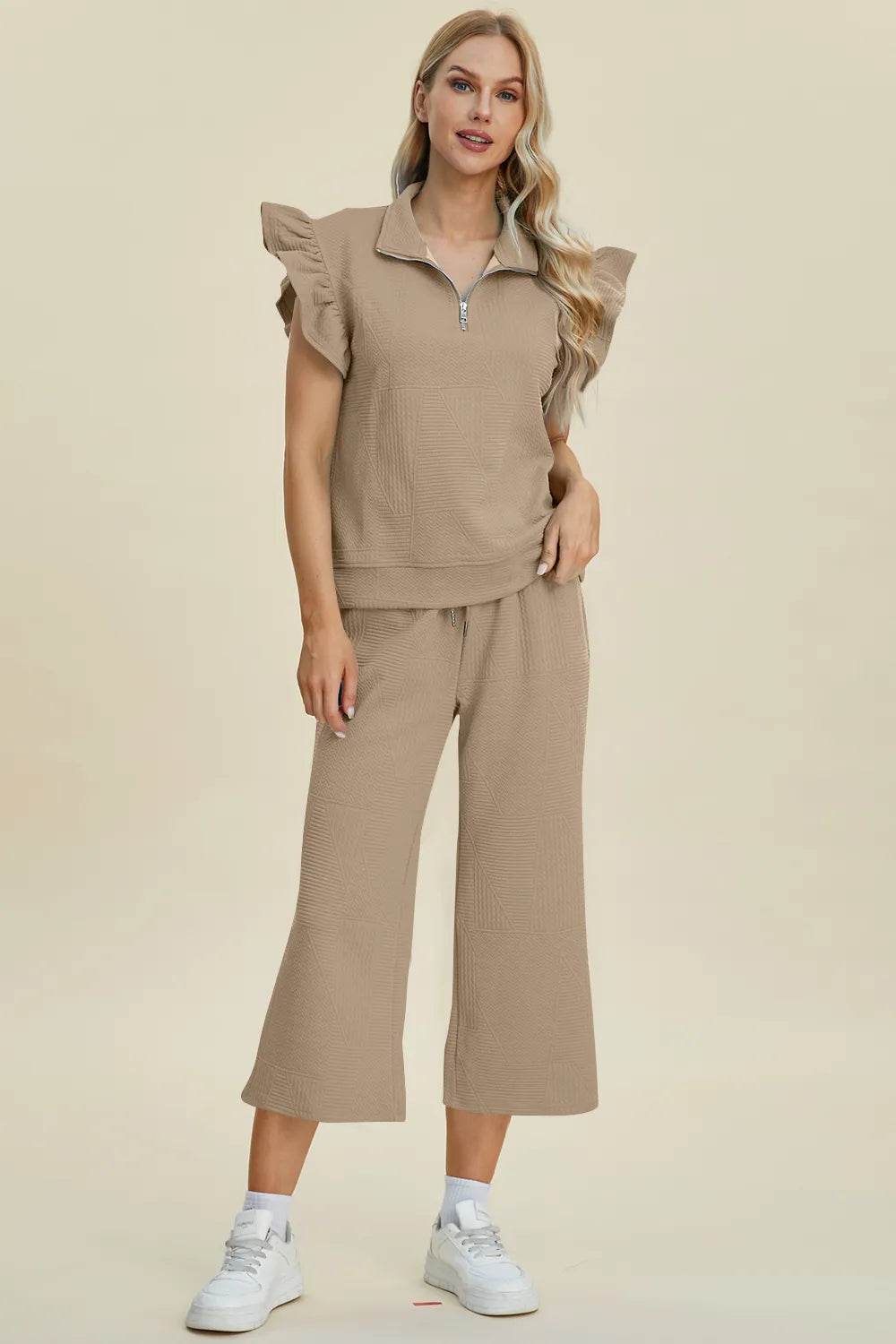 Double Take Full Size Texture Ruffle Short Sleeve Top and Wide Leg Pants Set - Tredona LLC