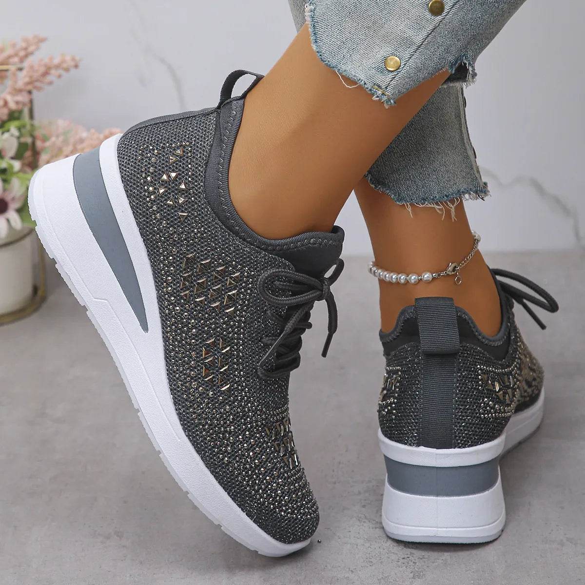 Breathable Mesh Rhinestone Wedge Athletic Sneakers - Tredona LLC