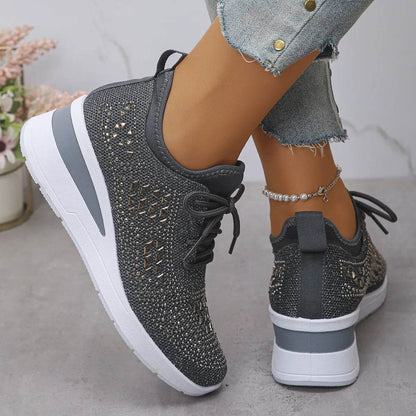 Breathable Mesh Rhinestone Wedge Athletic Sneakers - Tredona LLC