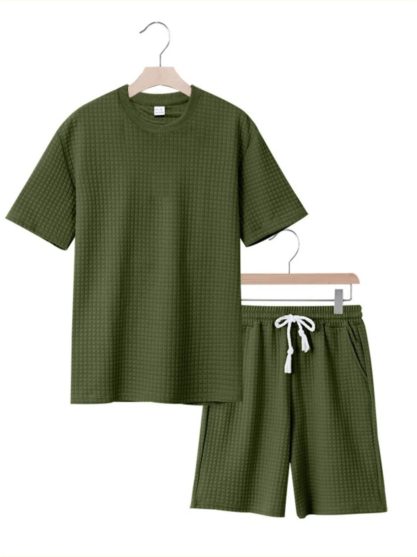 Men's Full Size Textured Round Neck Top and Shorts Set Plus SIze - Tredona LLC