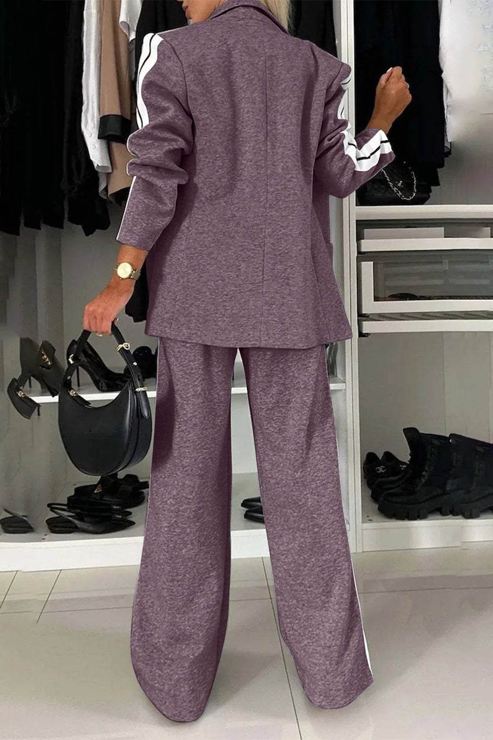 Full Size Contrast Lapel Collar Top and Pants Set - Tredona LLC