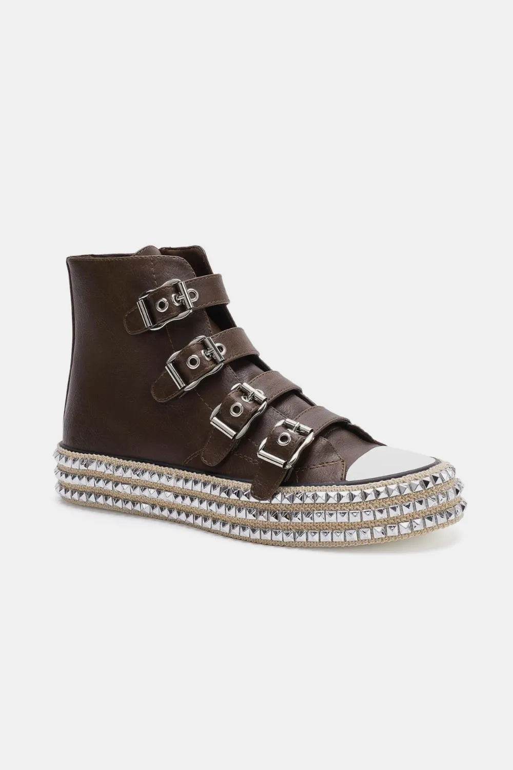 Beast Fashion Multi-Buckle Straps Studded Platform Sneakers - Tredona LLC