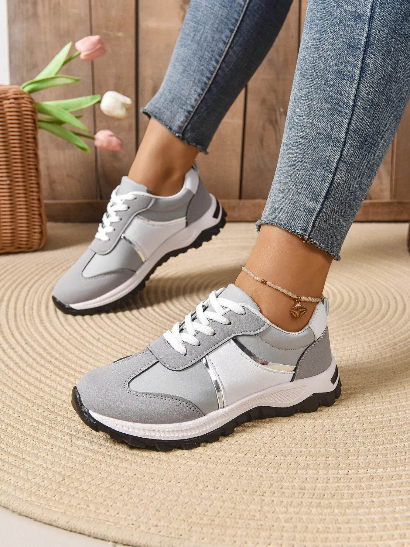 Contrast Lace Up Sneakers - Tredona LLC
