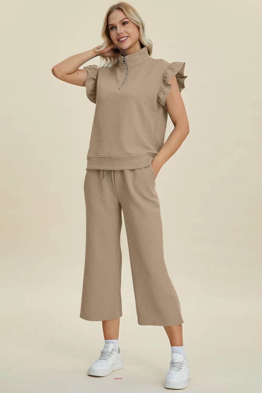 Double Take Full Size Texture Ruffle Short Sleeve Top and Wide Leg Pants Set - Tredona LLC