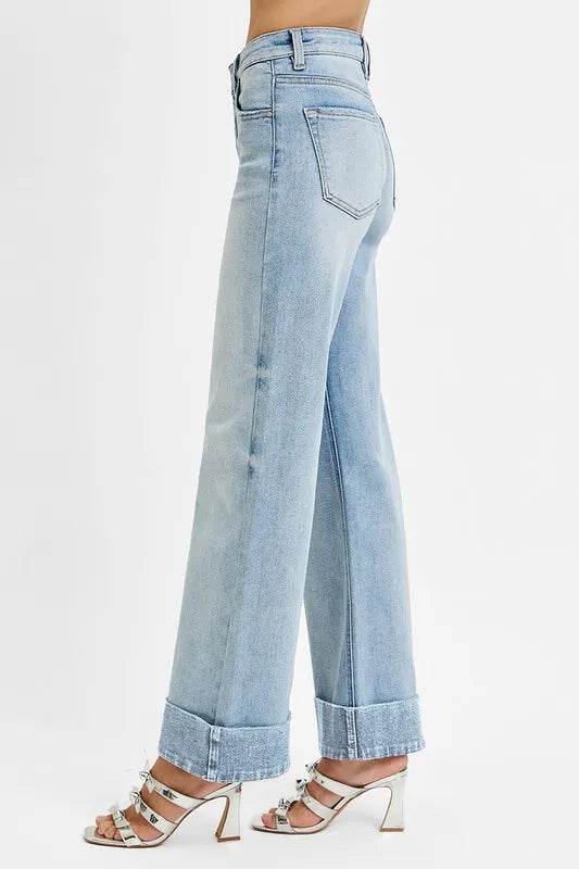RISEN Full Size Tummy Control High Rise Ankle Wide Cuffed Jeans Plus Size - Tredona LLC