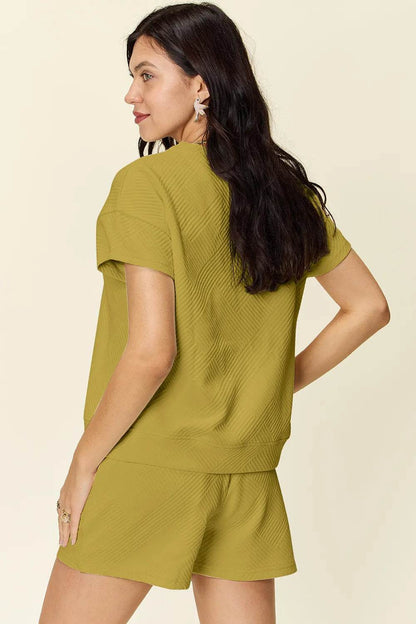 Double Take Full Size Texture Short Sleeve T-Shirt and Drawstring Shorts Set - Tredona LLC
