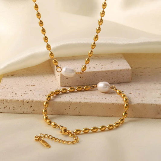 Pearl and Gold Chain Jewelry Set with Necklace and Bracelet - Tredona LLC