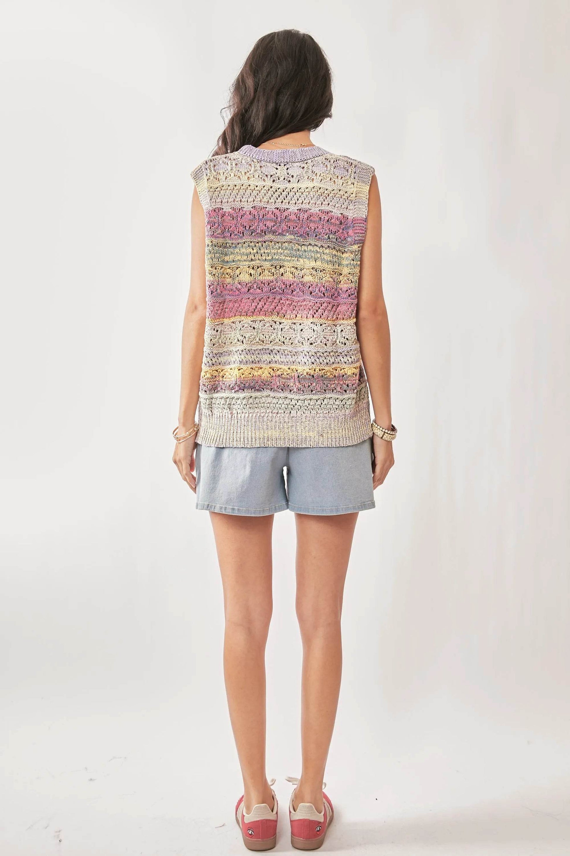 Davi & Dani Multi Color Crochet Sleeveless Knit Vest Top - Tredona LLC