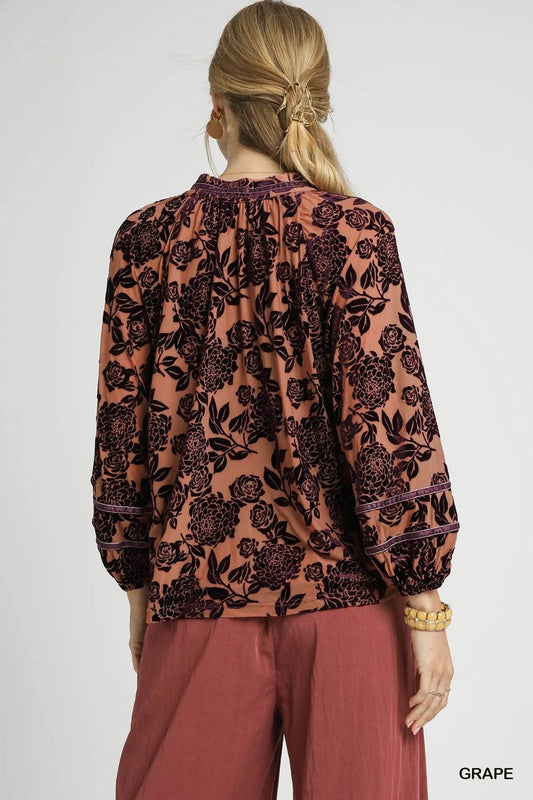 Umgee Floral Velvet Blouse with Balloon Sleeves - Tredona LLC