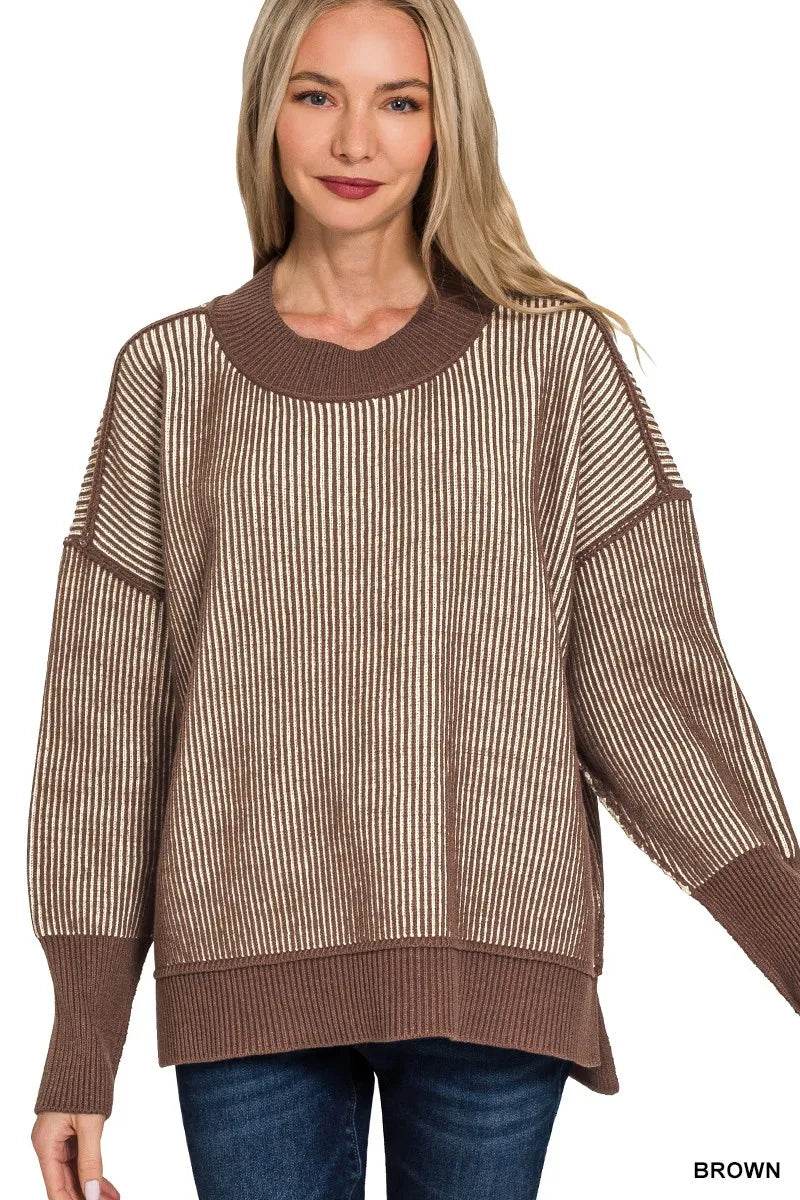 Zenana Exposed Seam Two Tone Ribbed Sweater - Tredona LLC