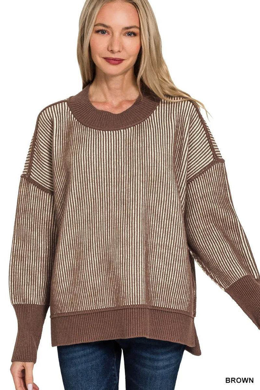 Zenana Exposed Seam Two Tone Ribbed Sweater - Tredona LLC