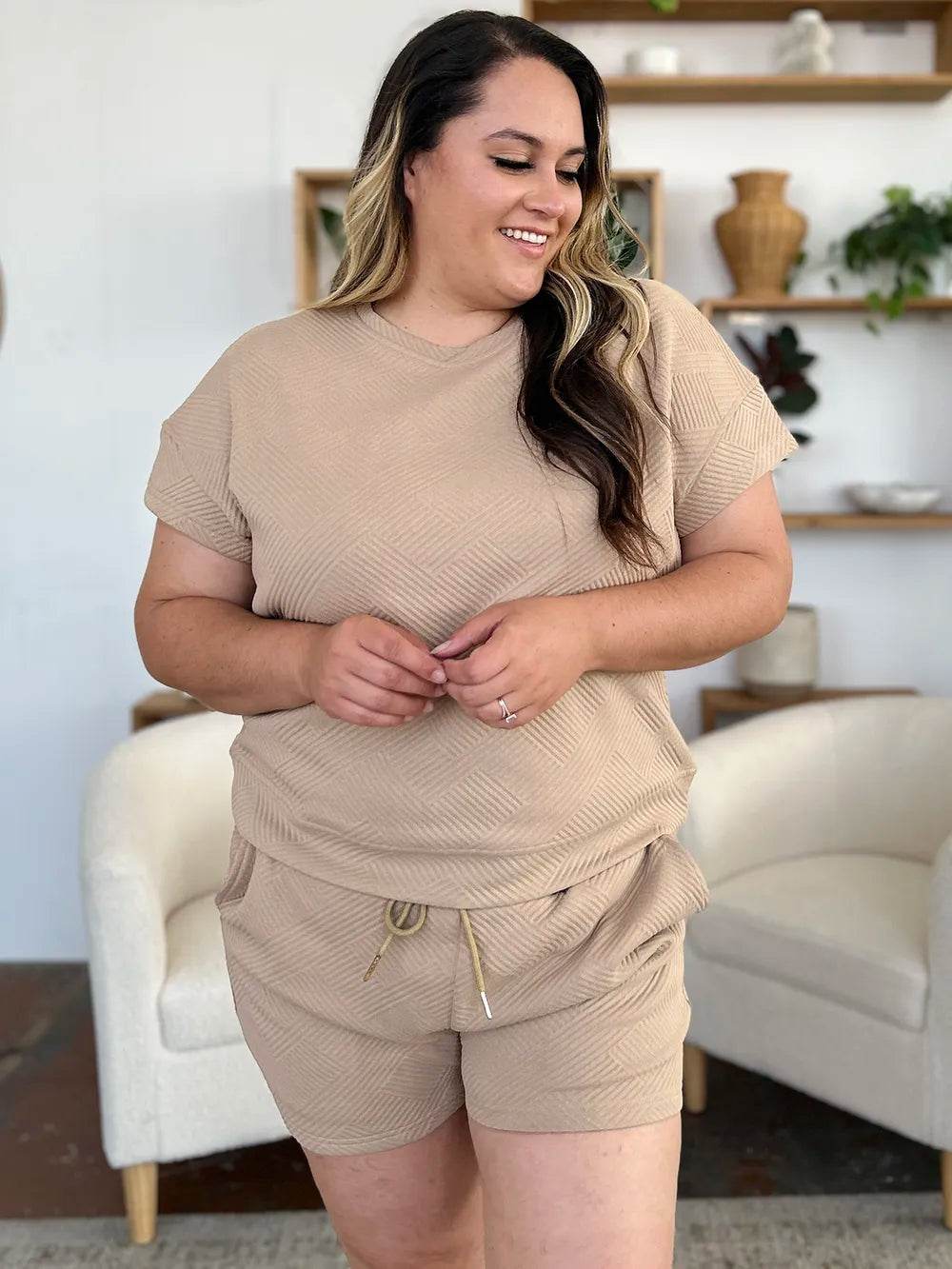 Double Take Full Size Texture Short Sleeve T-Shirt and Drawstring Shorts Set - Tredona LLC