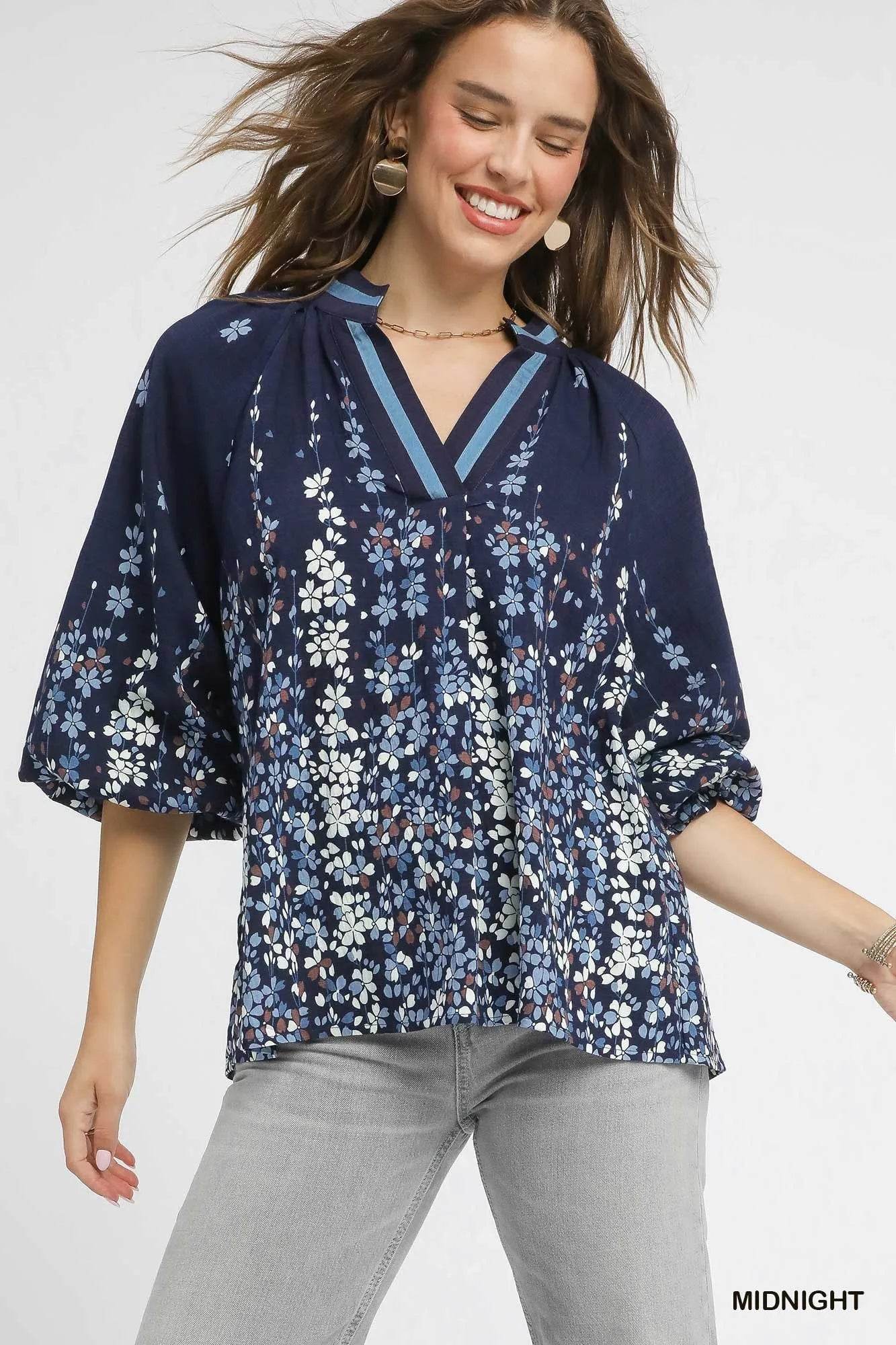 Umgee Full Size Floral Vine Print Blouse with Balloon Sleeves Plus Size - Tredona LLC