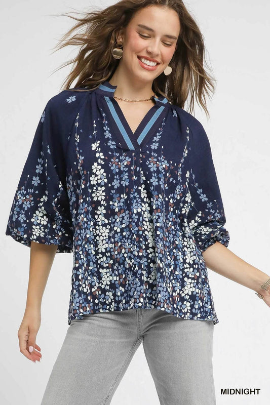 Umgee Full Size Floral Vine Print Blouse with Balloon Sleeves Plus Size - Tredona LLC