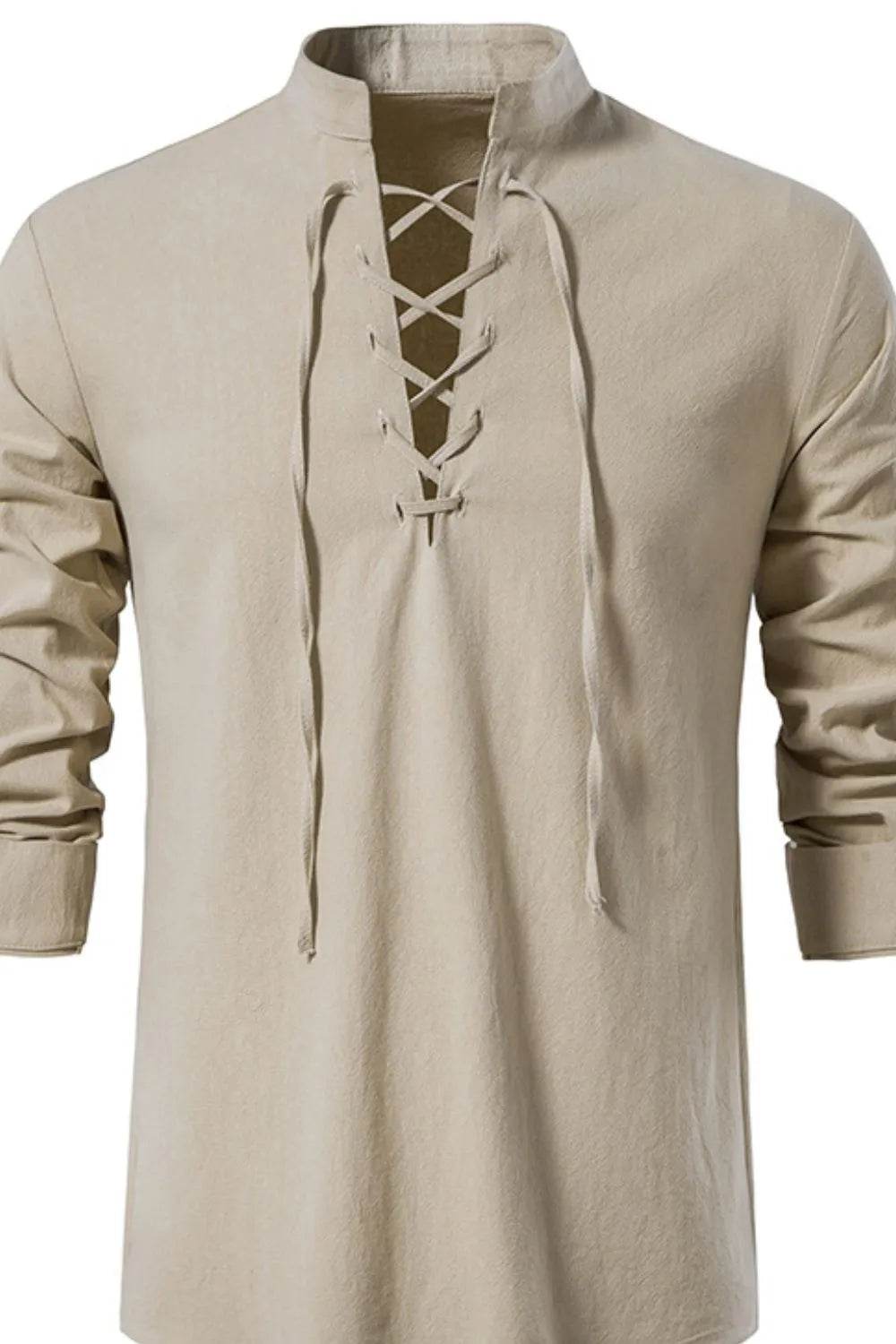 Men's Lace Up Long Sleeve Blouse - Tredona LLC