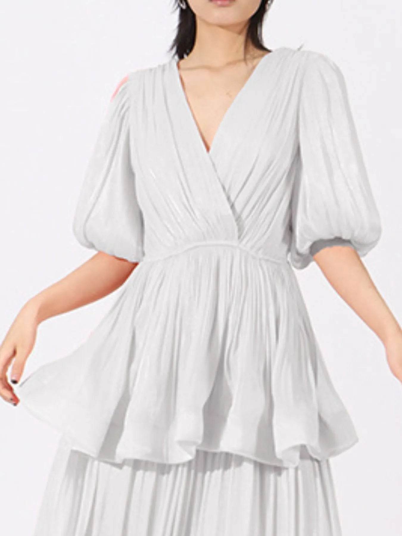 Layered Surplice Puff Sleeve Maxi Dress - Tredona LLC