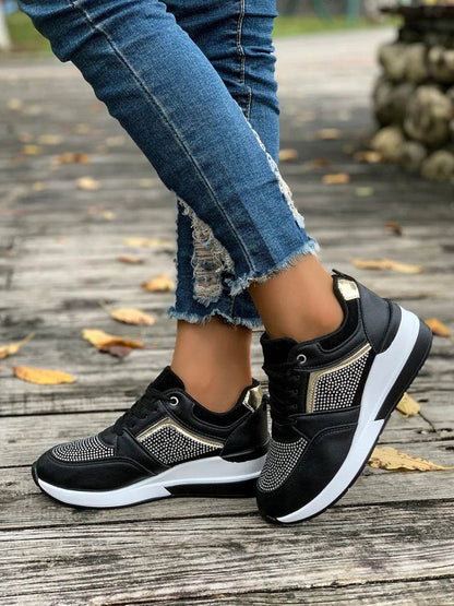 Lace-Up Rhinestone Wedge Sneakers - Tredona LLC