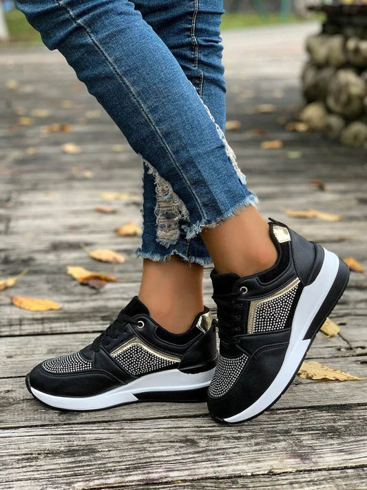 Lace-Up Rhinestone Wedge Sneakers - Tredona LLC