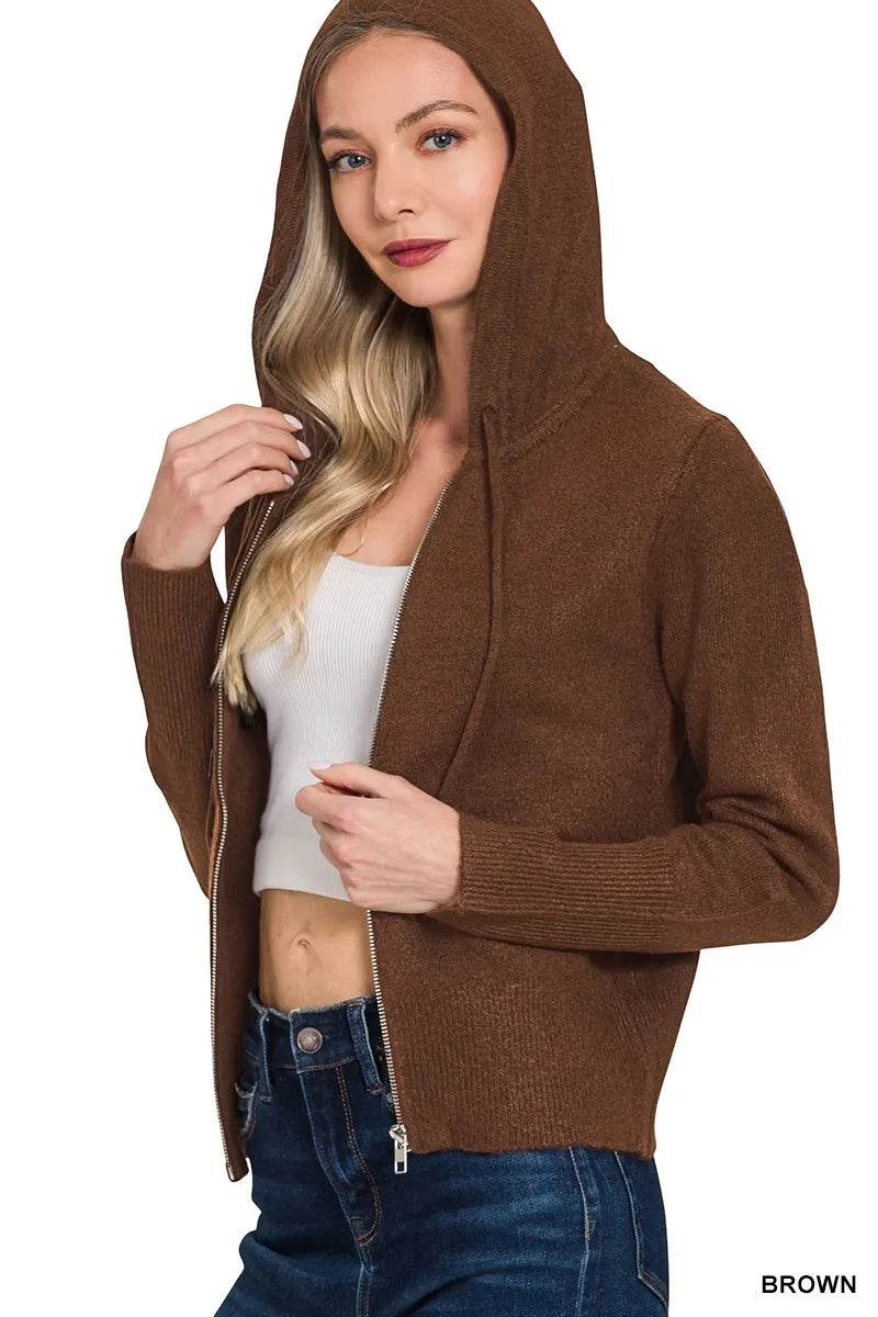Zenana Drawstring Zip Up Hooded Cardigan - Tredona LLC