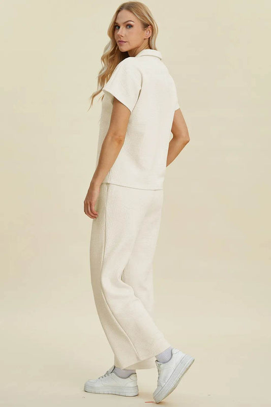 Double Take Full Size Collared Neck Short Sleeve Top and Pants Set - Tredona LLC
