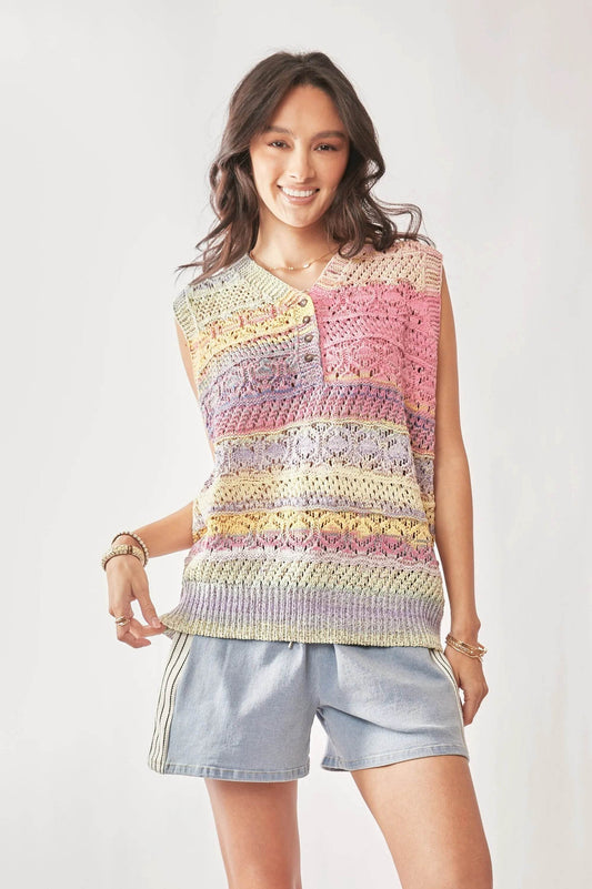 Davi & Dani Multi Color Crochet Sleeveless Knit Vest Top - Tredona LLC