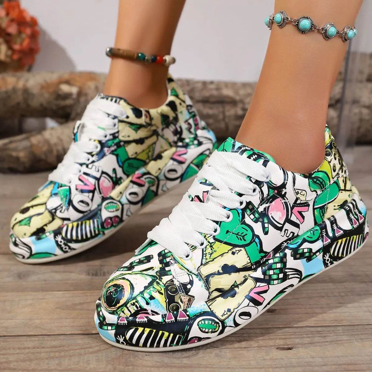 Abstract Print Lace Up Sneakers - Tredona LLC