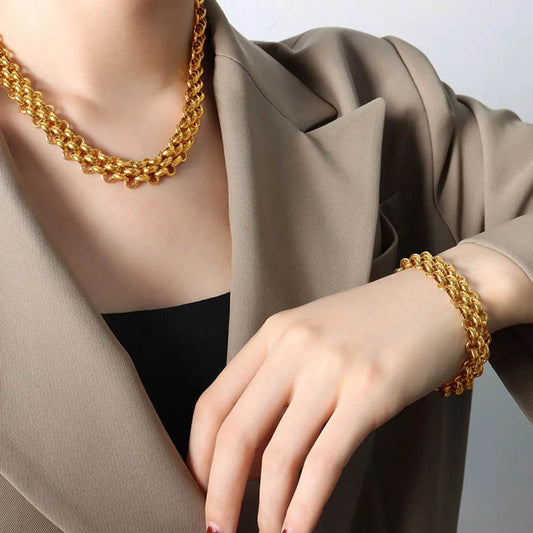 Gold Chain Link Jewelry Set with Necklace and Bracelet - Tredona LLC