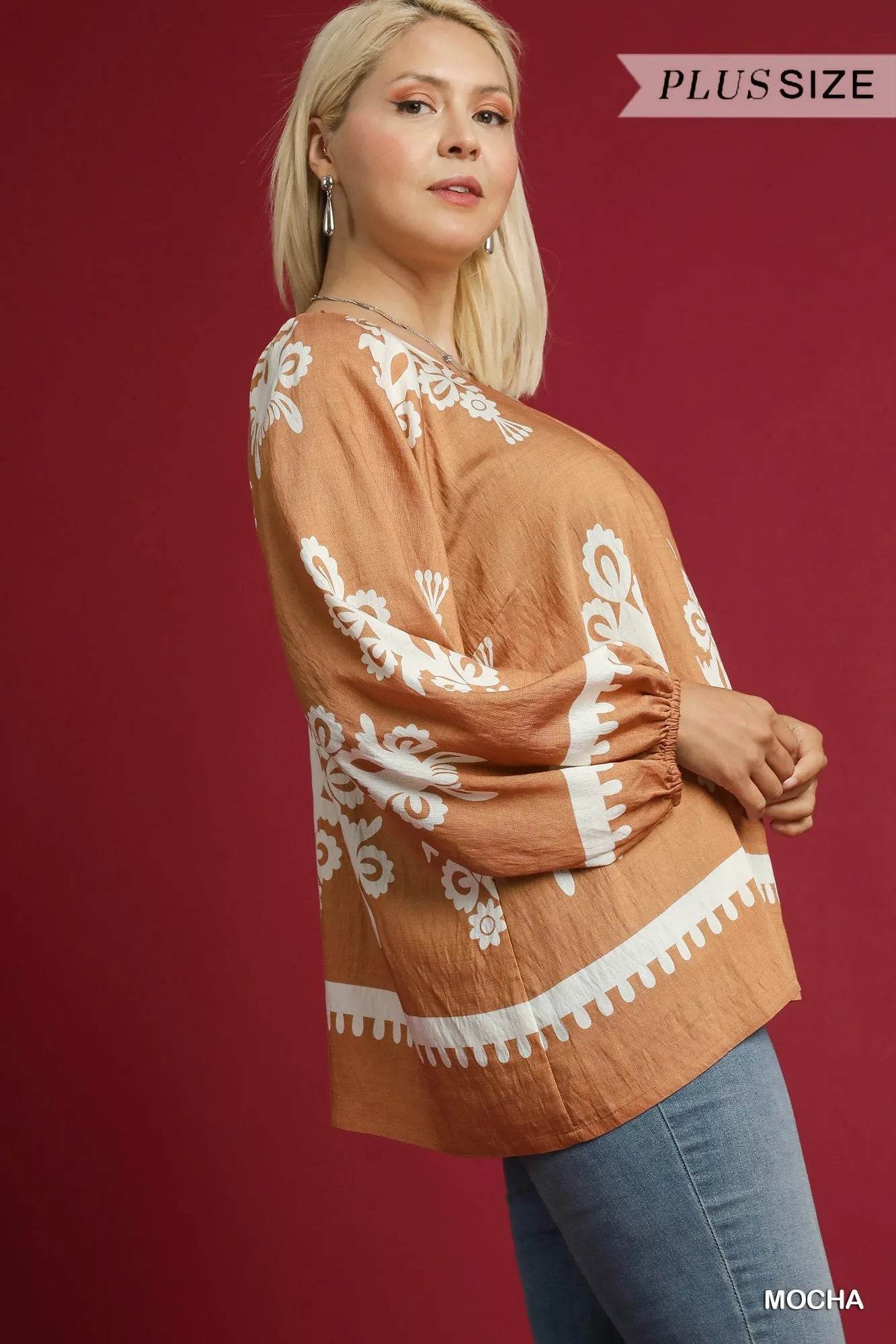 Umgee Full Size Two Tone Border Print Top with Balloon Sleeves Plus Size - Tredona LLC