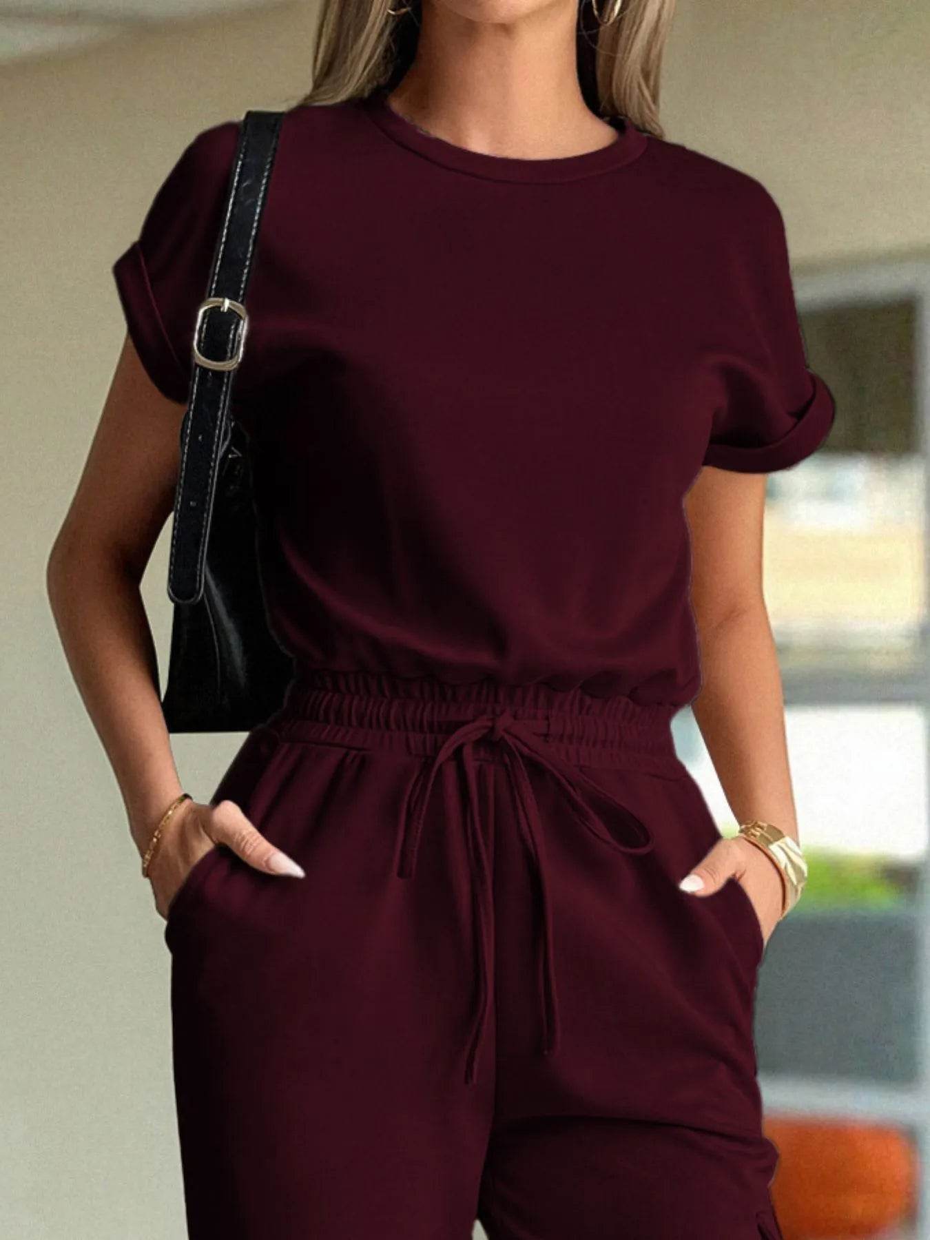 Round Neck Short Sleeve Top and Pants Set - Tredona LLC