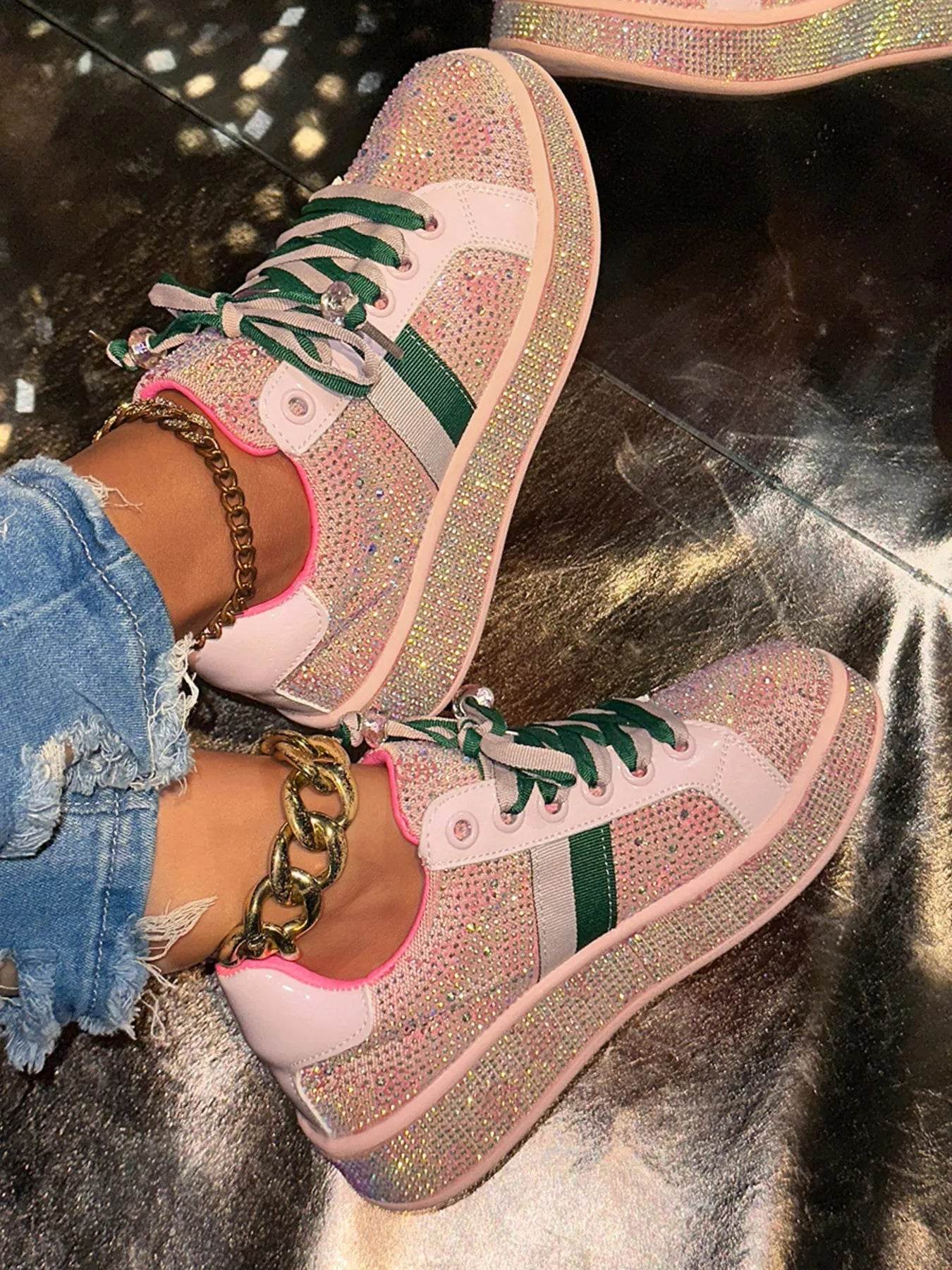 Rhinestone Round Toe Sneakers - Tredona LLC
