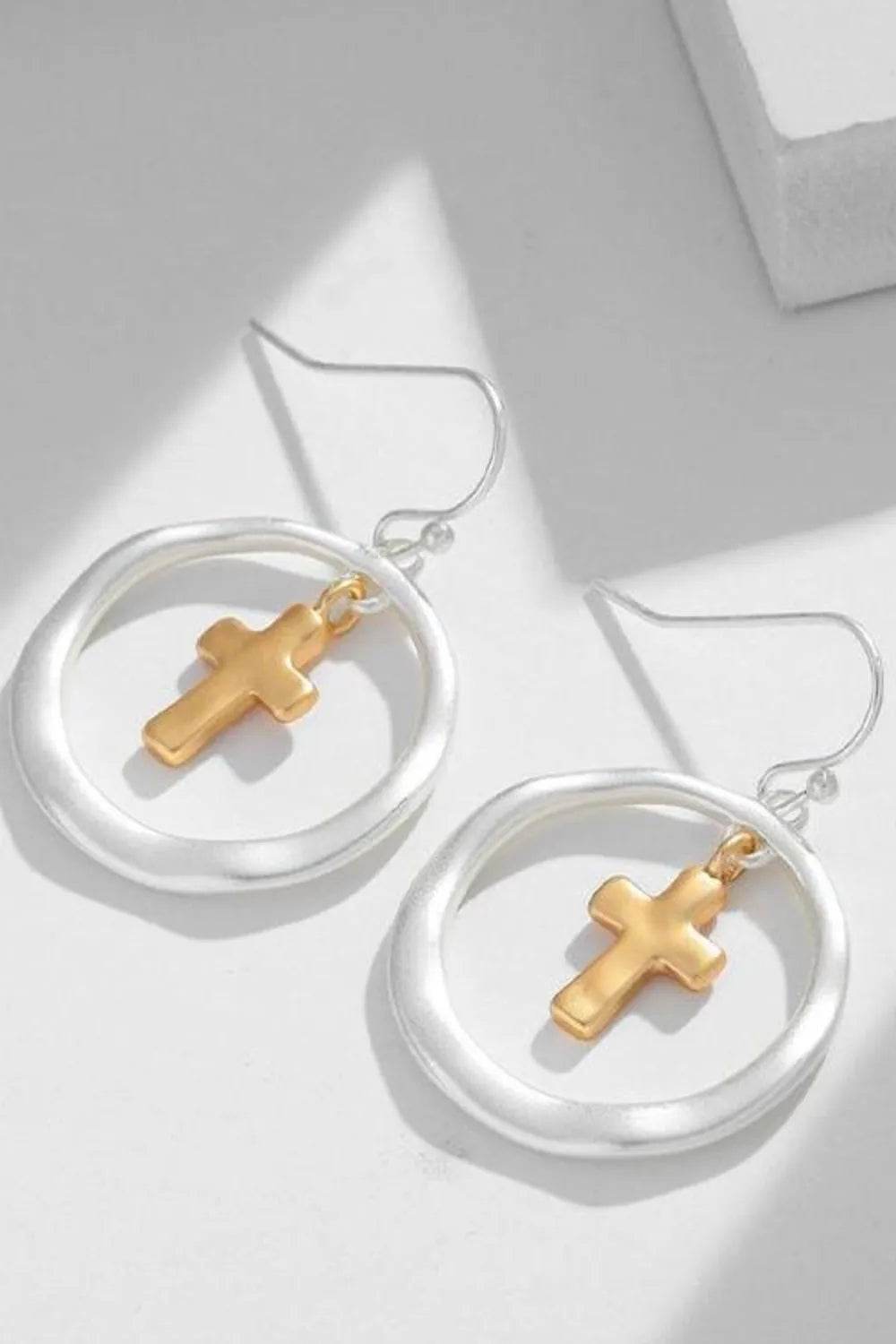 Brass Contrast Cross Dangle Earrings - Tredona LLC