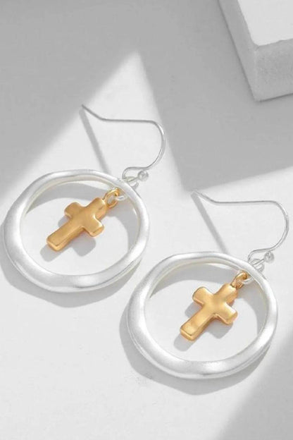 Brass Contrast Cross Dangle Earrings - Tredona LLC