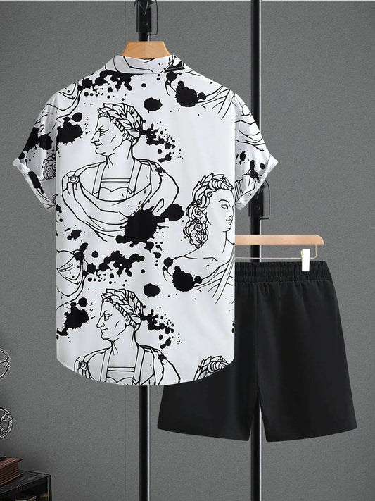 Men's Printed Button Up Shirt and Shorts Set - Tredona LLC