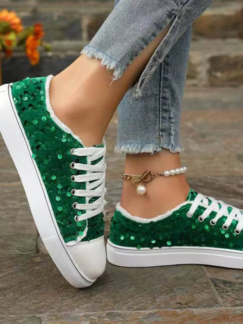 Sequin Round Toe Flat Sneakers - Tredona LLC
