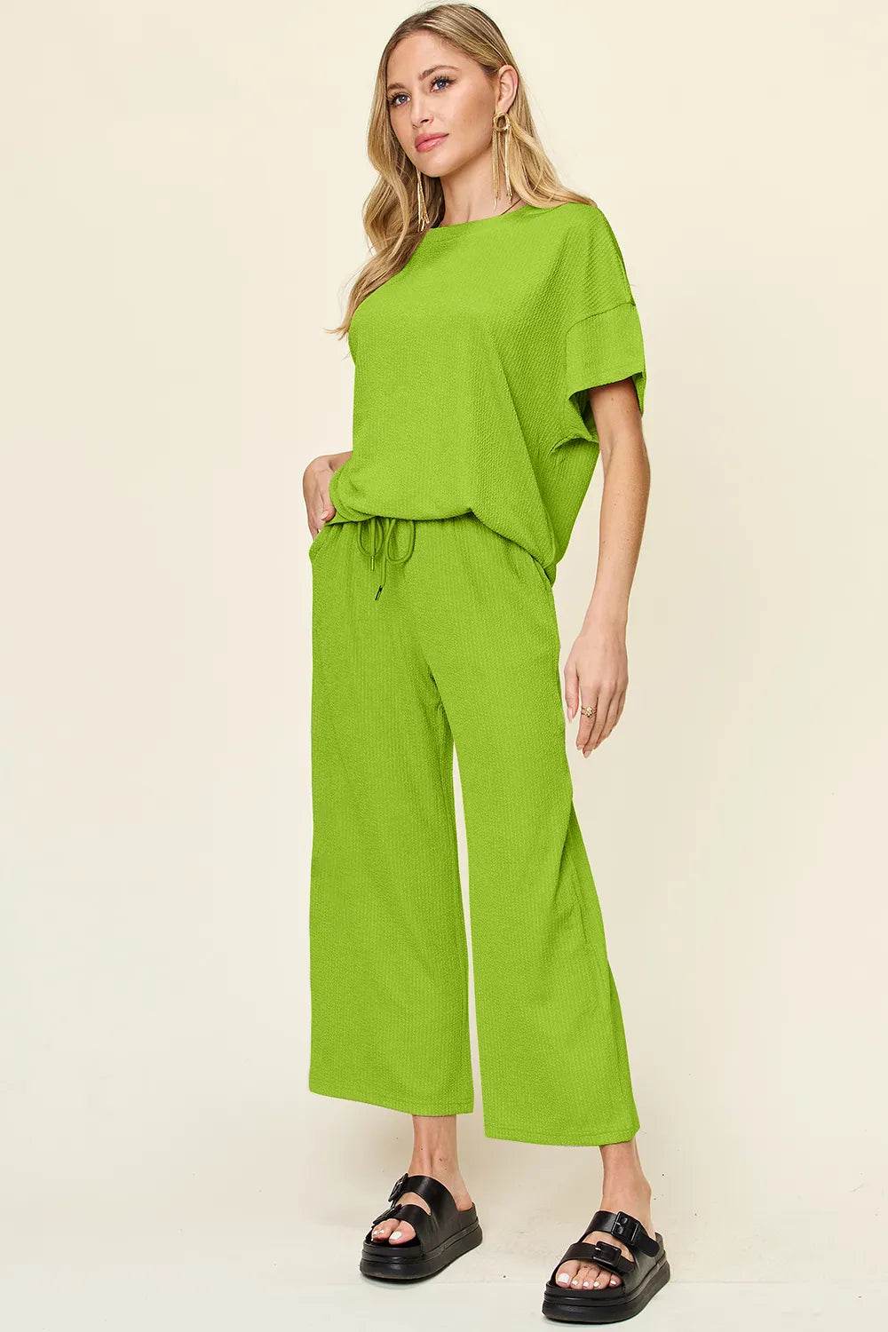 Double Take Full Size Texture Round Neck Short Sleeve T-Shirt and Wide Leg Pants - Tredona LLC