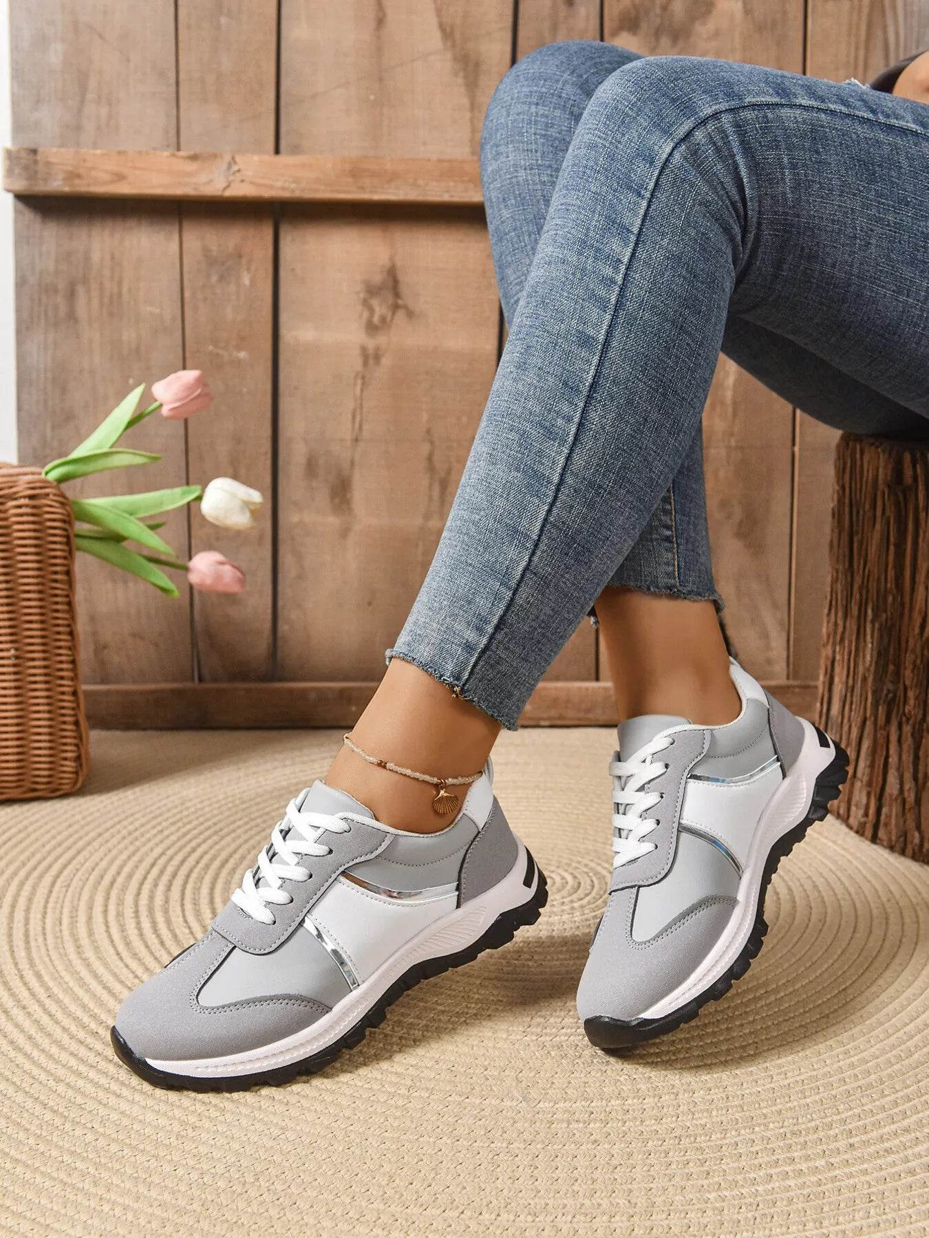 Contrast Lace Up Sneakers - Tredona LLC