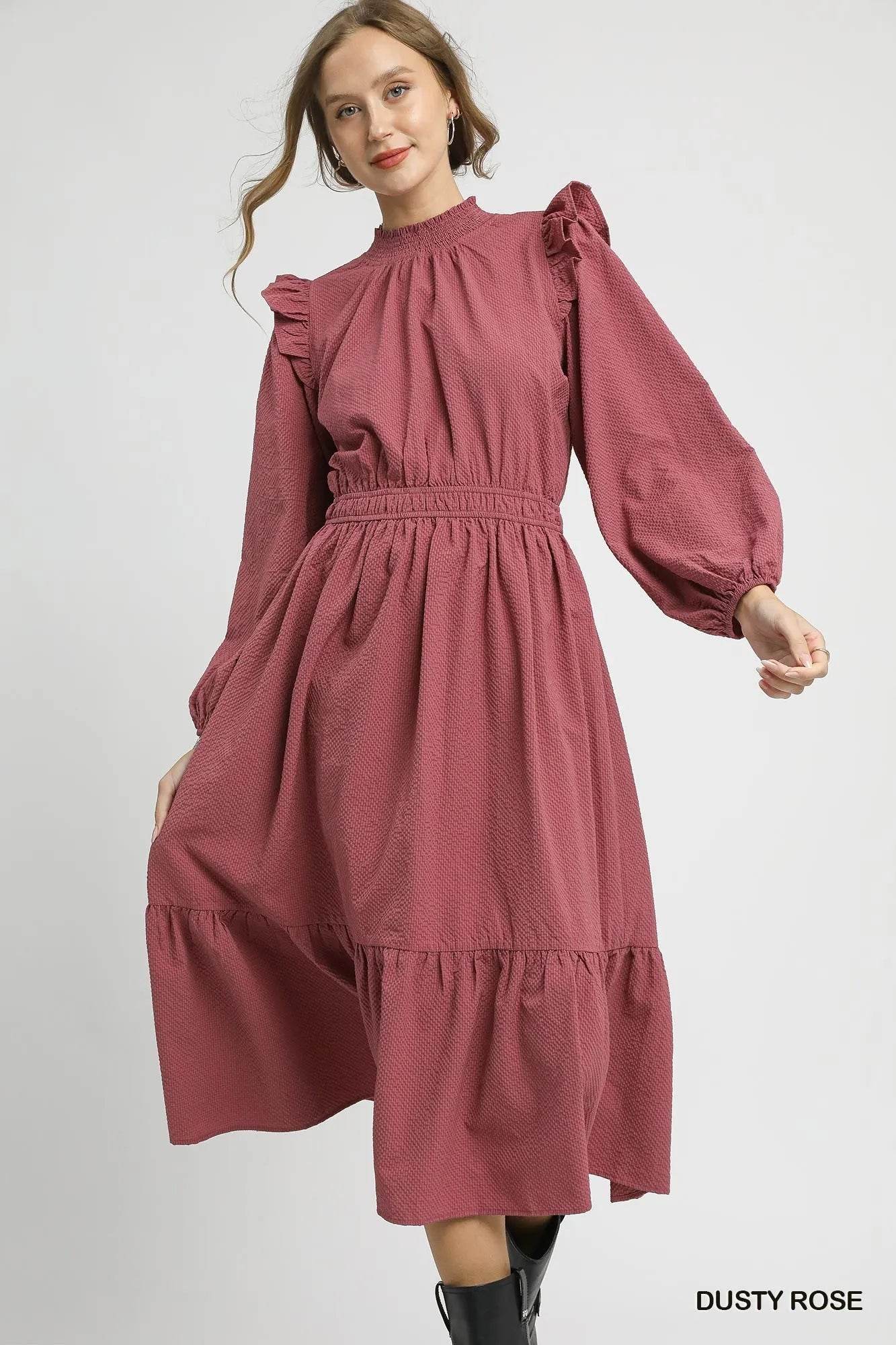 Umgee Textured Midi Dress with Ruffle Shoulder Detail - Tredona LLC