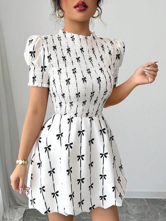 Smocked Bow Print Short Sleeve Dress - Tredona LLC