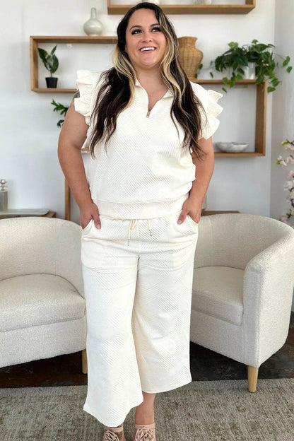 Double Take Texture Ruffle Short Sleeve Top and Drawstring Wide Leg Pants Set - Tredona LLC