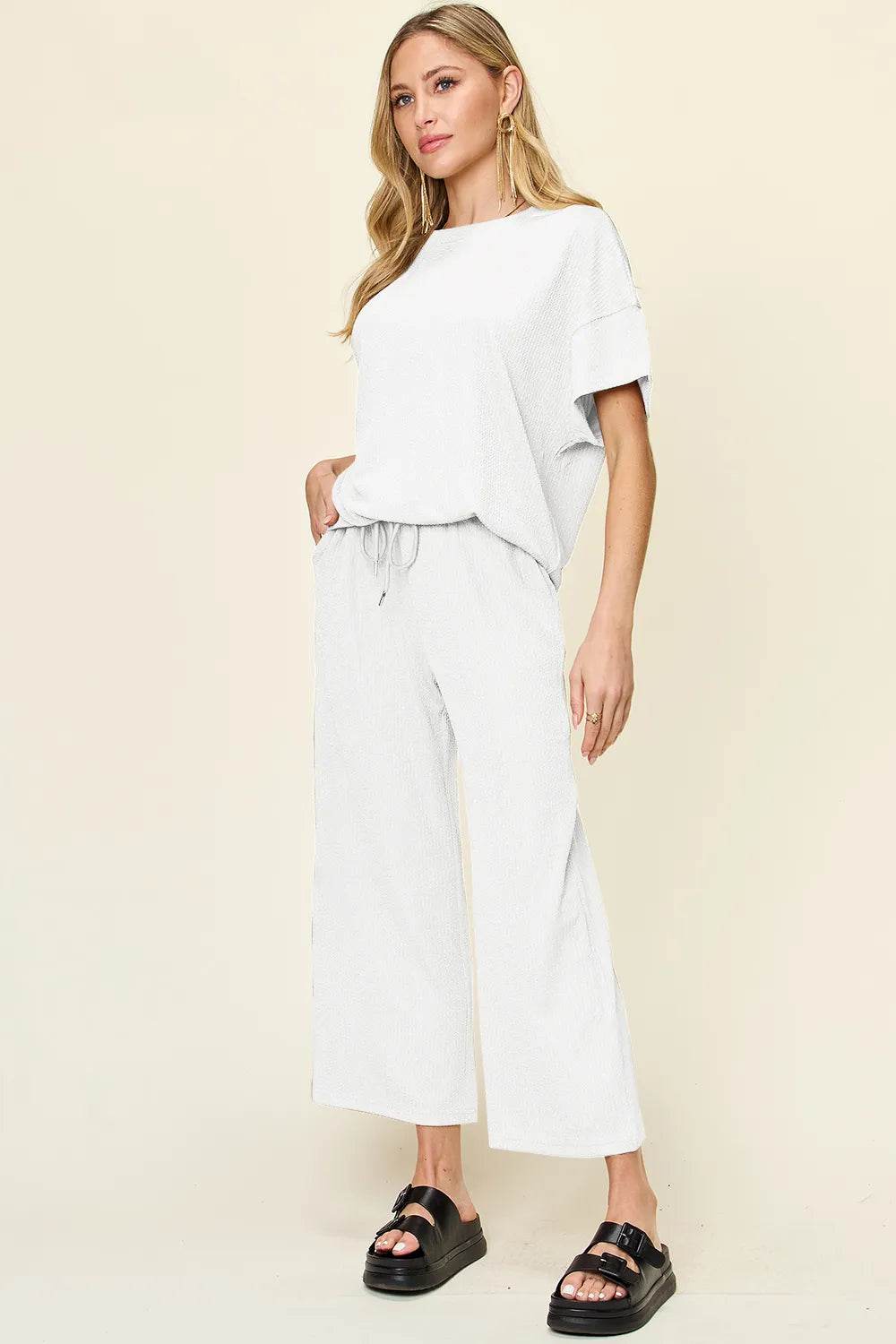 Double Take Full Size Texture Round Neck Short Sleeve T-Shirt and Wide Leg Pants - Tredona LLC