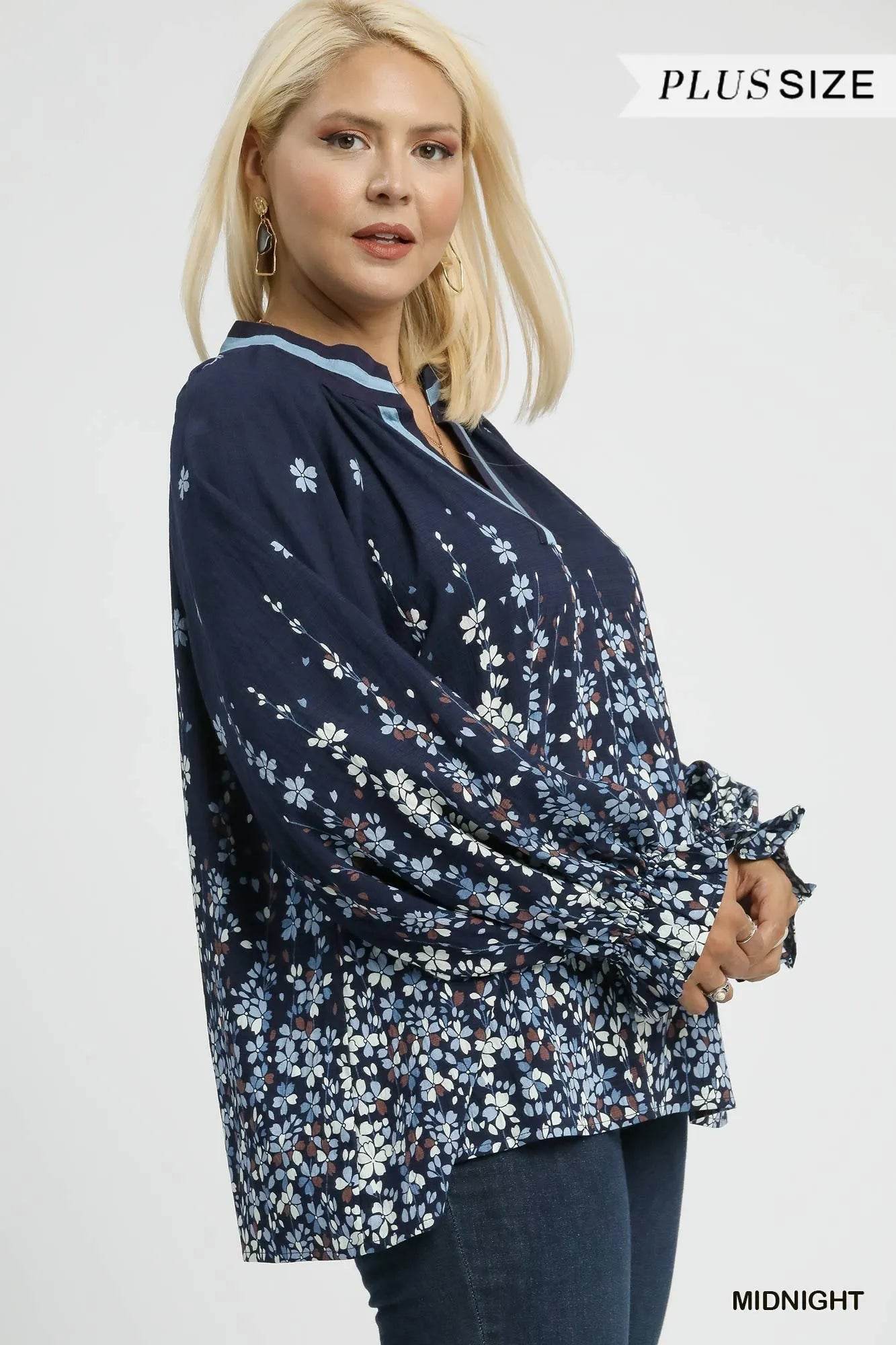 Umgee Full Size Floral Vine Print Blouse with Balloon Sleeves Plus Size - Tredona LLC