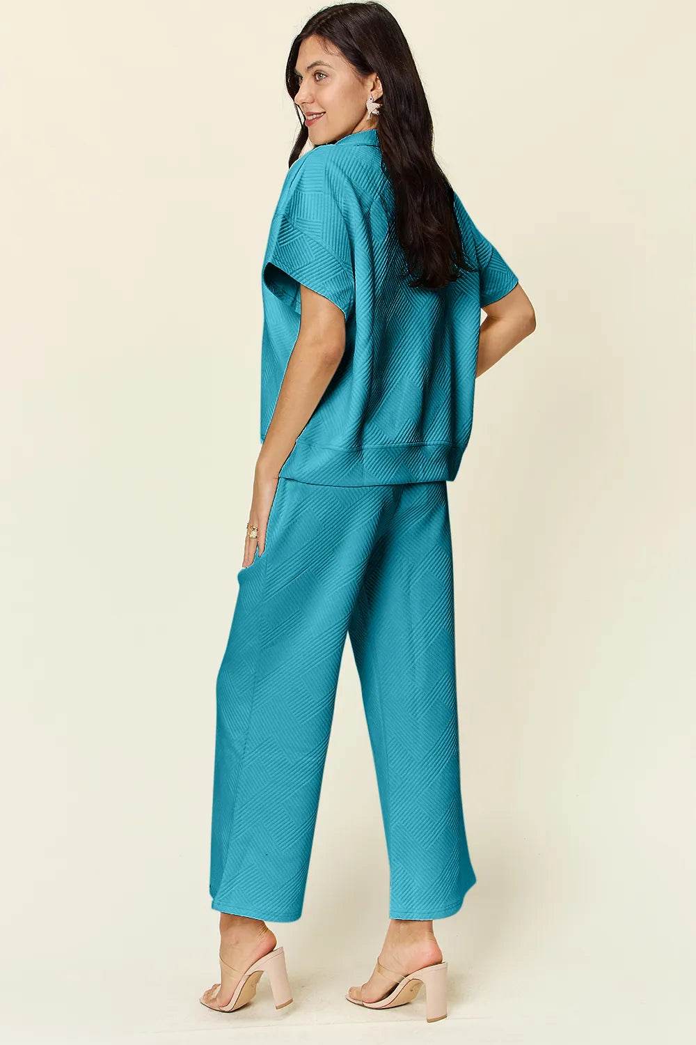 Double Take Full Size Texture Half Zip Short Sleeve Top and Pants Set - Tredona LLC