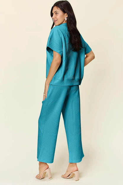 Double Take Full Size Texture Half Zip Short Sleeve Top and Pants Set - Tredona LLC