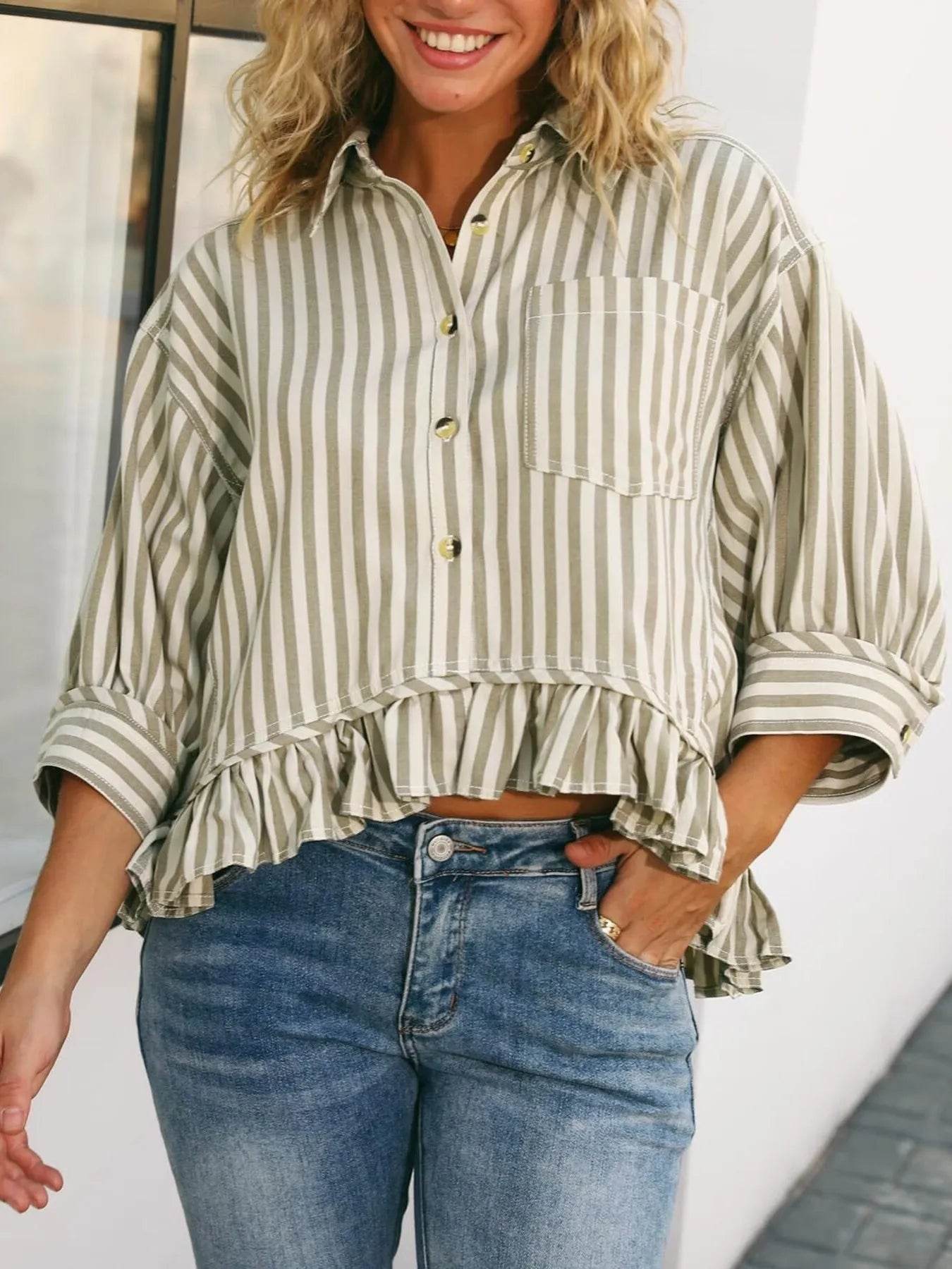Striped Ruffle Hem Button-Up Shirt - Tredona LLC