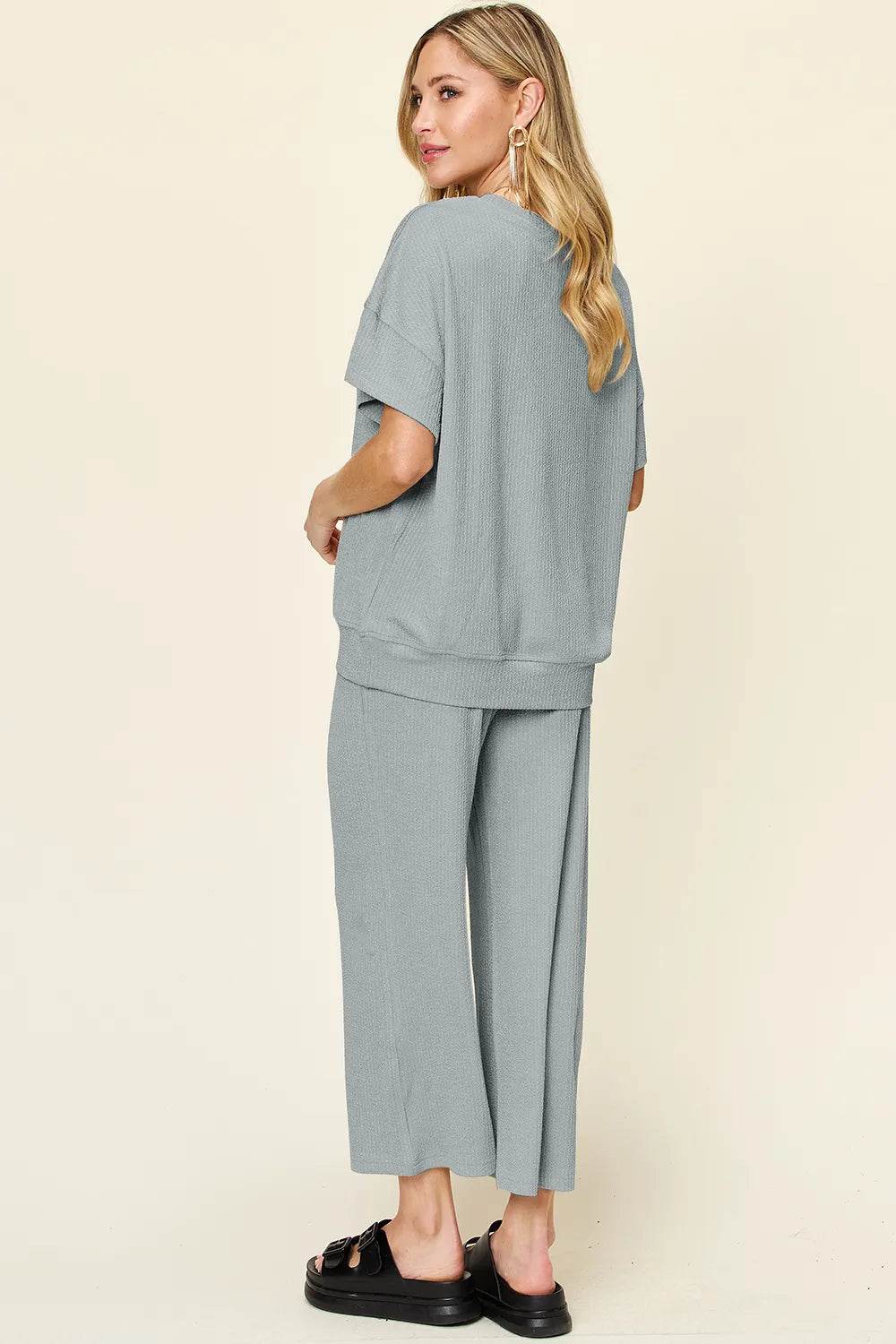 Double Take Full Size Texture Round Neck Short Sleeve T-Shirt and Wide Leg Pants - Tredona LLC