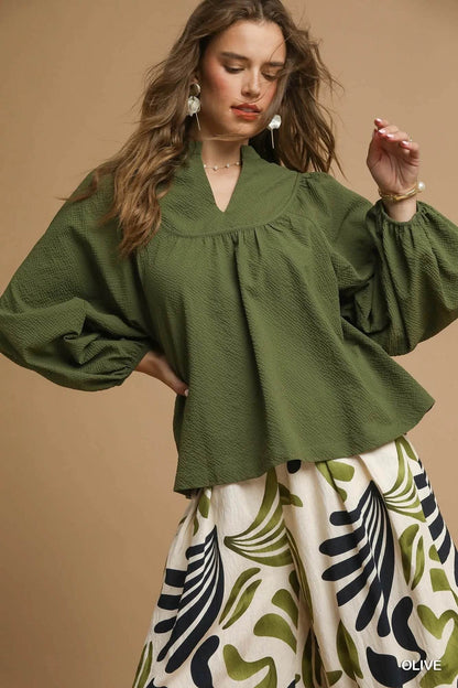 Umgee Textured Notched Blouse with Balloon Sleeves - Tredona LLC