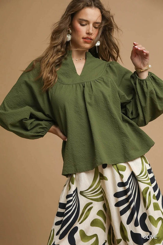 Umgee Textured Notched Blouse with Balloon Sleeves - Tredona LLC